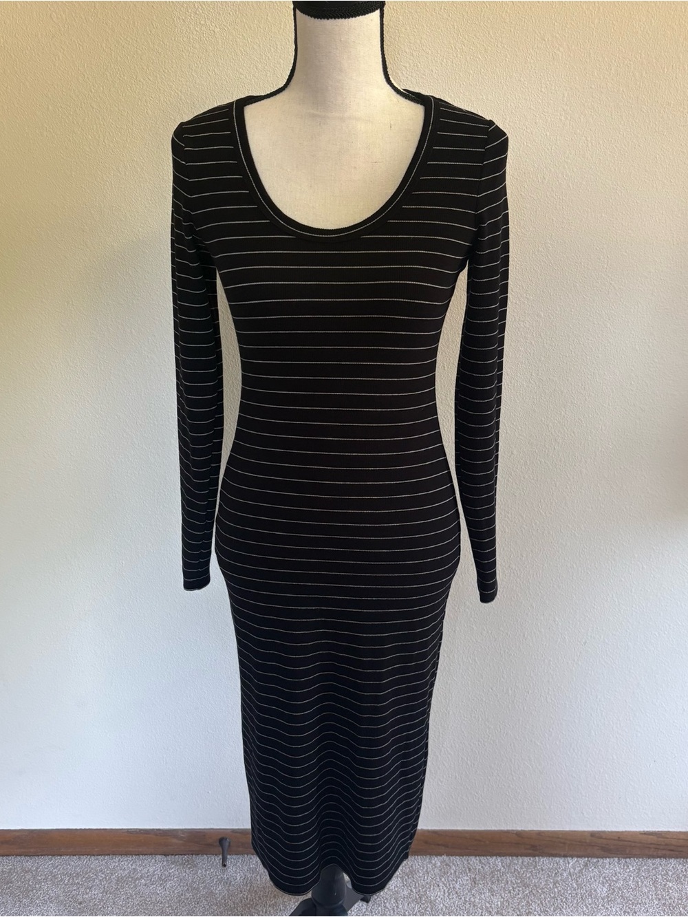 Marine Layer Black Striped Long Sleeve Scoop Neck Maxi Dress